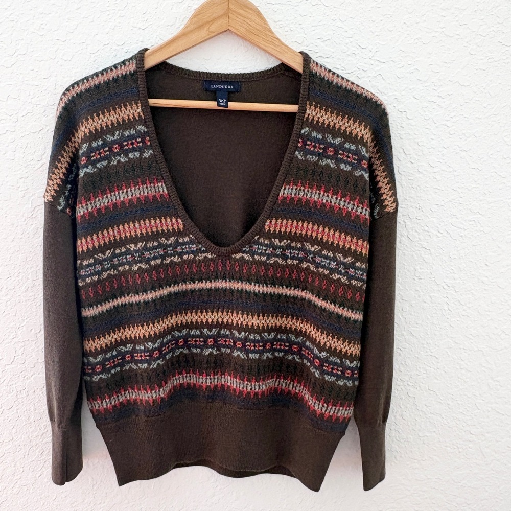 Lands End Sweater Fair Isle Merino Wool Mohair V-Neck Womens M Brown 422234